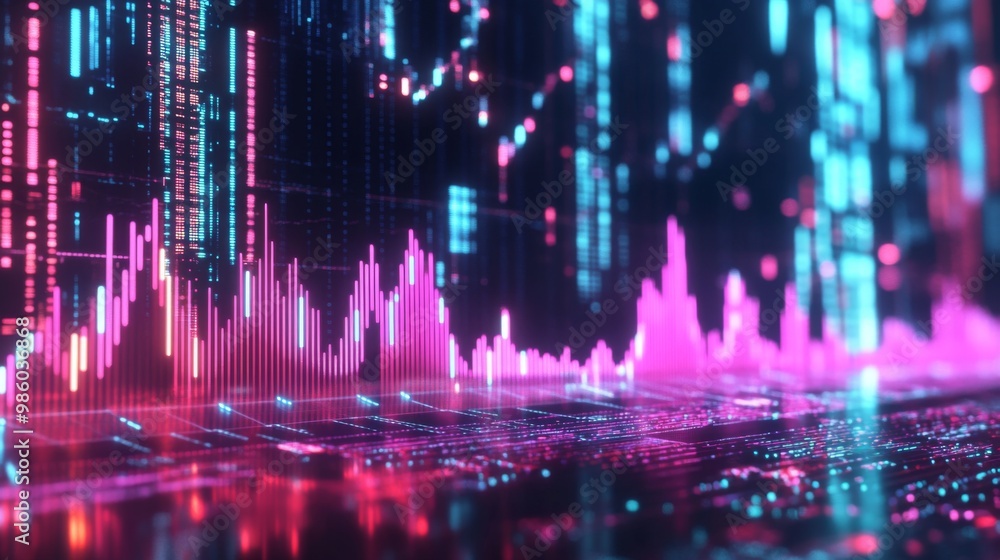 Poster A 3D stock chart with rising and falling bars, representing stock price volatility, displayed on a futuristic digital trading platform.