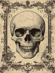 
Vintage illustration of a skull, Victorian card design with a floral border,Halloween
