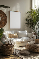 Mockup of Empty White Poster Frame on Modern Sofa