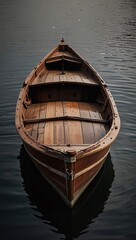 classic wooden boat facing the camera, minimalist, deadpan, banal, cool, clinical, urban, iconic, conceptual, subversive, sparse, restrained, symbol vertical