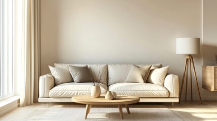 Fototapeta premium Minimalist living room with a white sofa, wooden coffee table, and a floor lamp.