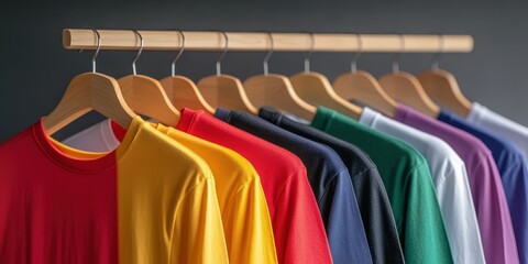 Obraz premium Colorful Shirts Displayed on Wooden Hangers