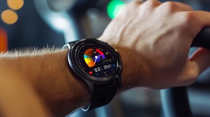 A close-up of a smartwatch showing real-time workout stats, integrated with a virtual fitness platform