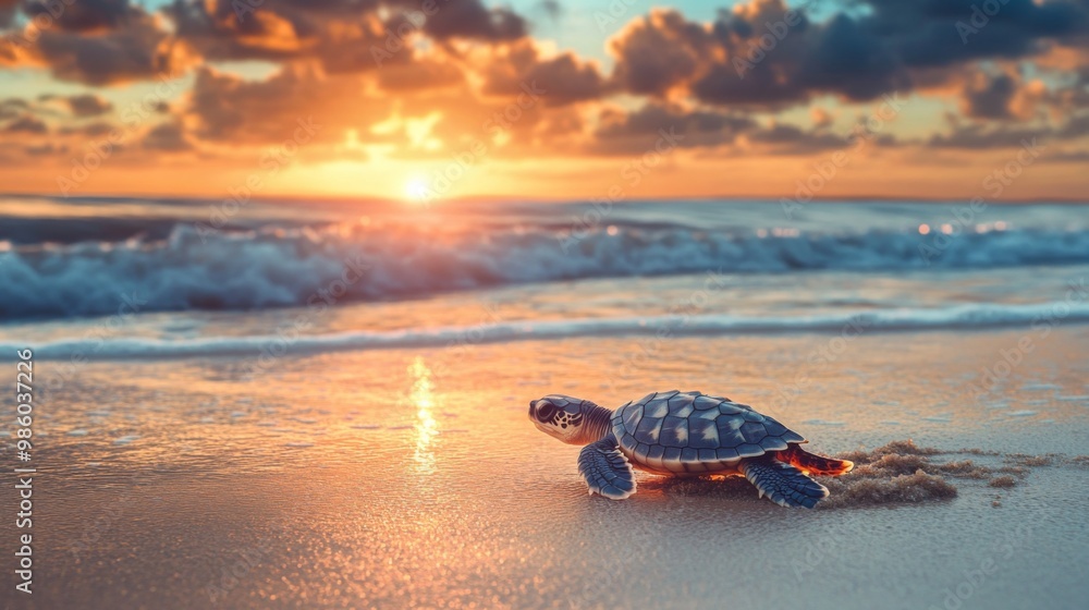 Poster a baby sea turtle emerging from its nest on the beach, heading towards the ocean with a backdrop of 