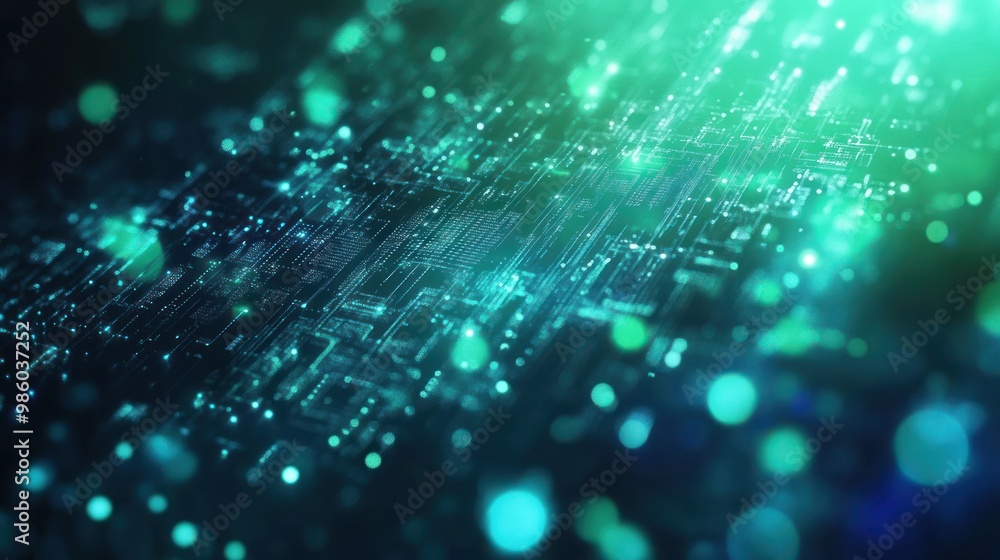 Poster abstract digital landscape with glowing particles and circuitry patterns.