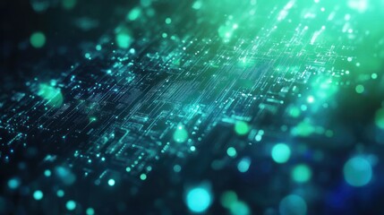 Abstract digital landscape with glowing particles and circuitry patterns.