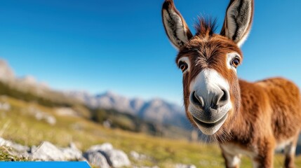 Obraz premium This is a close-up image of a playful brown donkey with a curious expression, captured in a beautiful mountainous landscape under a clear blue sky on a sunny day.