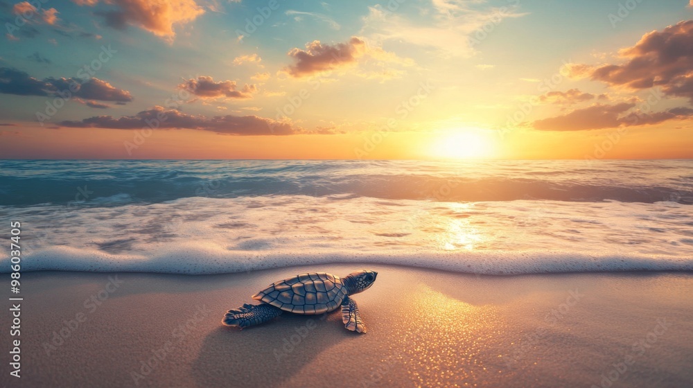 Poster a baby sea turtle emerging from its nest on the beach, heading towards the ocean with a backdrop of 