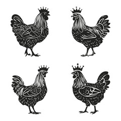 King chicken silhouette set black color vector illustration