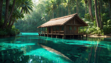 Fototapeta premium A serene scene with clear turquoise waters flowing through a forest of tall, palm-like trees.