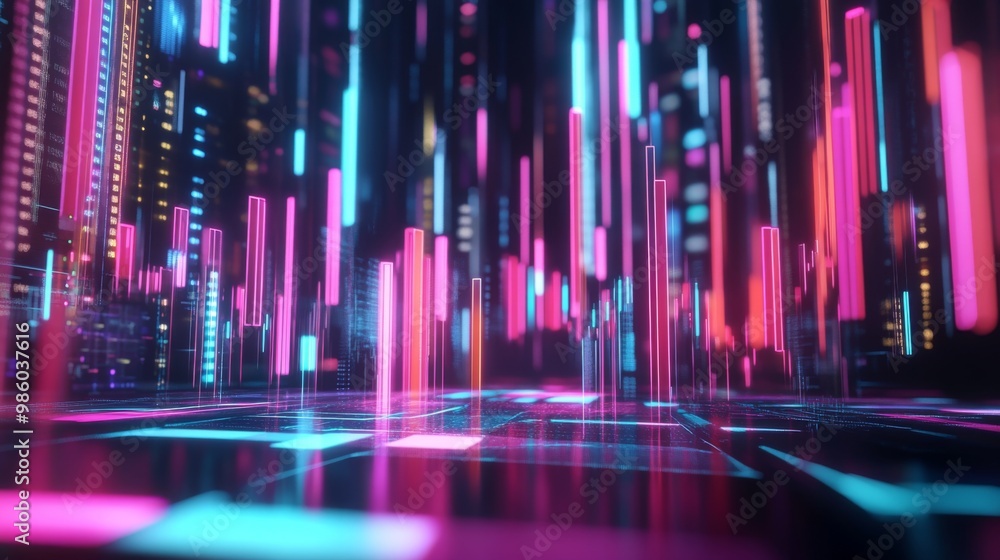 Poster A 3D stock chart with rising and falling bars, representing stock price volatility, displayed on a futuristic digital trading platform.