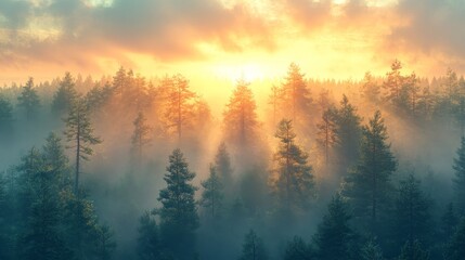 Obraz premium Serene Sunrise in Misty Pine Forest - Tranquil Forest Awakening to New Day Illustration