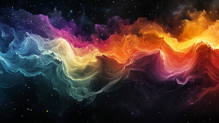cosmic wave of colors flows through darkness of space, blending vibrant hues of orange, pink, and blue, creating mesmerizing visual experience