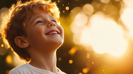 Fototapeta premium In the golden hour, a child gazes in awe at the enchanting bokeh lights surrounding the backdrop. This image captures the beauty and tranquility of a fleeting moment.