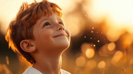 Fototapeta premium A child looks up in admiration at the serene golden bokeh lights surrounding him. This image beautifully captures a moment of pure wonder and tranquility.