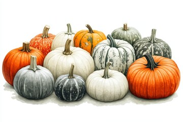 Colorful Array of Pumpkins: Botanical Illustration of Diverse Pumpkin Varieties on White Background - Created with Generative AI for Fine Details