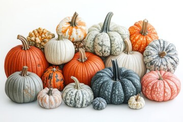 Diverse Pumpkin Collection in Botanical Illustration Crafted with Generative AI on White Background