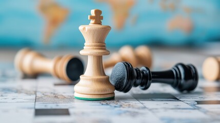 Chess pieces, including a white queen and black king, arranged on a world map, symbolizing strategy, conquest, and intellectual competition in a visually striking manner.