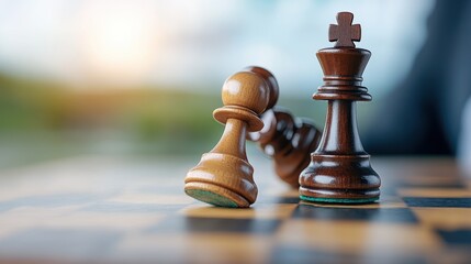 The photograph shows one fallen wooden chess king alongside a standing one on a chessboard, symbolizing defeat and victory in the classic game of strategy and intellect.