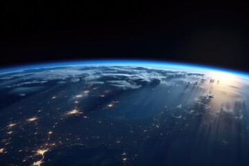 generated illustration of  night view of Earth from space with city lights glowing.