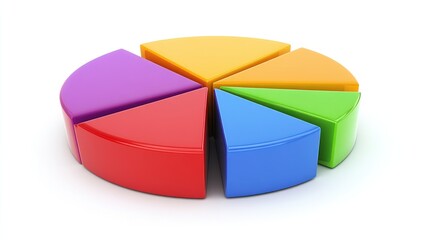 Obraz premium 3D pie chart with six sections in red, blue, green, orange and purple colors on white background.