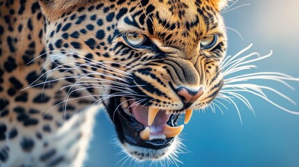 Obraz premium A close-up of a fierce leopard displaying its teeth and intense gaze.
