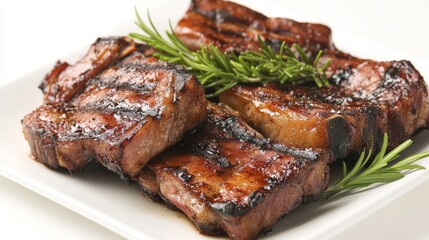 A beautifully arranged plate of cooked pork dishes, such as roast pork and pork belly, set against a clean white background to emphasize the presentation.