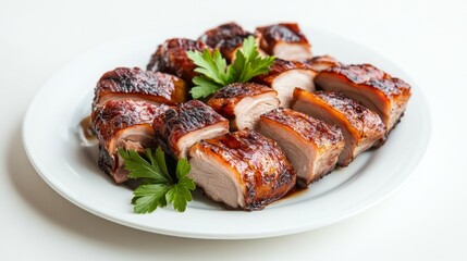 A beautifully arranged plate of cooked pork dishes, such as roast pork and pork belly, set against a clean white background to emphasize the presentation.