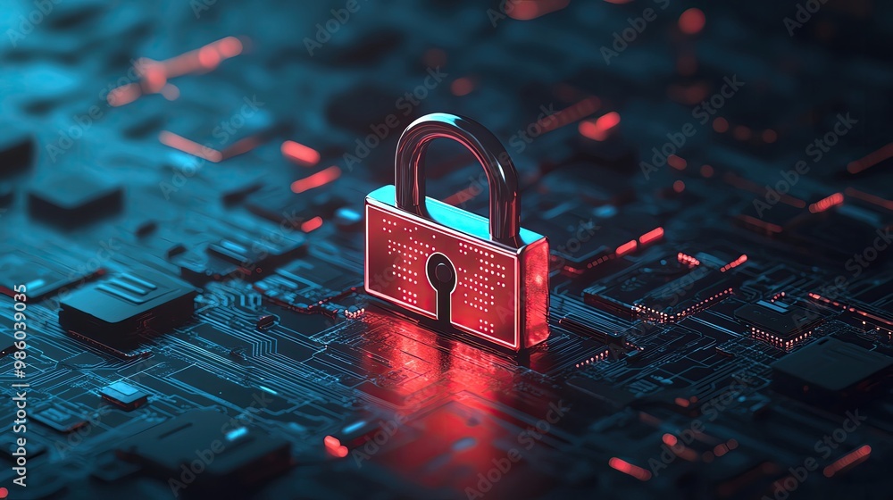 Poster a digital padlock on a circuit board, symbolizing cybersecurity and data protection in a high-tech e