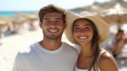 Fototapeta premium A joyful couple dressed in vacation attire smiles for the camera at a bright sunlit sandy beach with straw umbrellas in the background on a perfect day.
