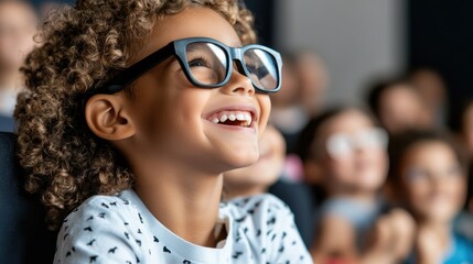 A young child with curly hair and glasses is intently observing something with a crowd of blurred people in the background, likely at an event or performance.