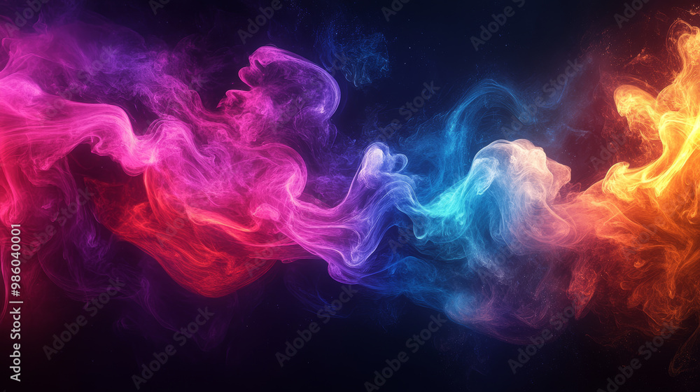 Poster vibrant swirl of colorful smoke dances across dark background, creating mesmerizing visual effect. b