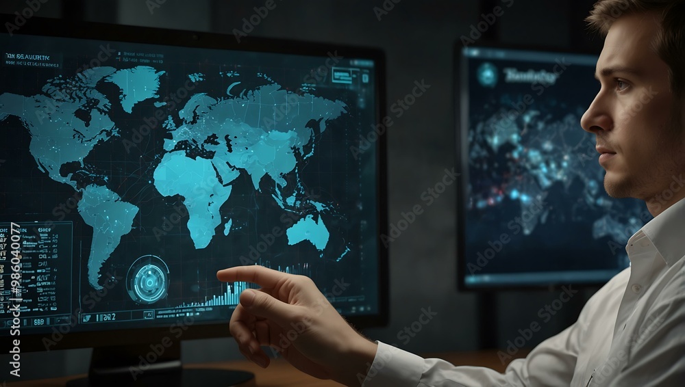 Poster security consultant analyzing cybersecurity threats on a digital display.