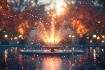 Festive Fountain Celebration with Colorful Fireworks - 3D Rendered Vibrant Event Background