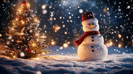 A snowman at night, illuminated by holiday lights, with a glowing Christmas tree nearby and snowflakes gently falling from the sky