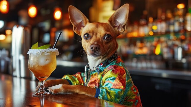 A chihuahua dog sitting at a bar wearing a colorful shirt and looking at a cocktail.