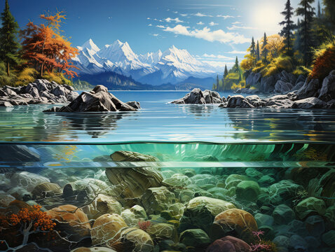 Wonderful Split Landschaft mit schneebedeckten Gipfeln und Walhai unter Wasser im Meer