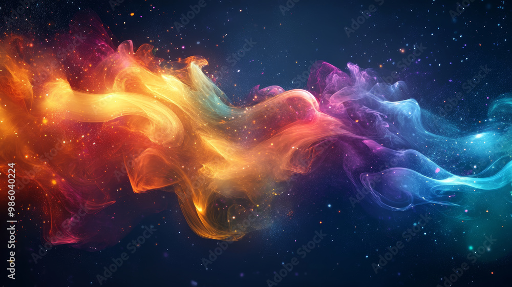 Sticker vibrant swirl of colorful smoke dances across dark background, creating mesmerizing visual effect. b