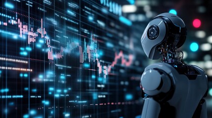 Fototapeta premium A futuristic robot analyzing data on a digital screen with graphs and statistics.