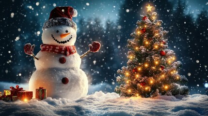 Fototapeta premium A snowman at night, illuminated by holiday lights, with a glowing Christmas tree nearby and snowflakes gently falling from the sky
