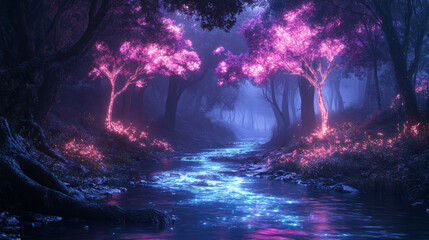 Fototapeta premium serene fantasy world where vibrant neon rivers flow through mystical forest, illuminated by glowing pink trees. enchanting atmosphere evokes sense of wonder and tranquility