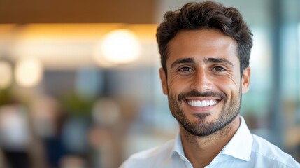 Obraz premium A joyful man in a crisp white shirt smiles broadly in a contemporary office setting, embodying positivity and professionalism in a blurred environment.
