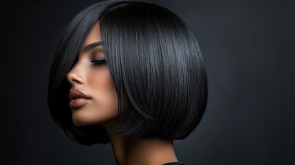 Fototapeta premium Side profile of a woman with glossy black bob haircut.