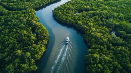 A boat navigating through the narrow channels of a mangrove forest, providing a perspective on the accessibility and scenic beauty of this coastal habitat.