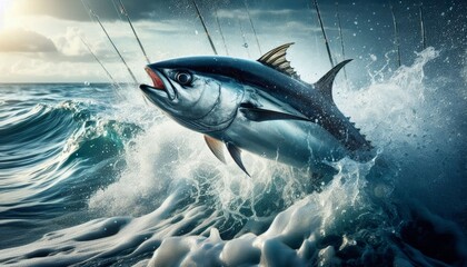 Obraz premium tuna jumping out of seawater
