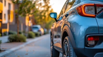 A stylish blue car parked on a tree-lined street, bathed in warm sunlight, showcasing modern design and an inviting atmosphere.