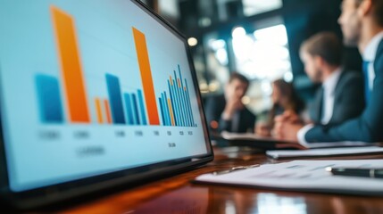 A bar chart on a computer screen with people in the background.