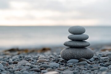 Fototapeta premium Stacked Stones on Beach with Sea in Background, AI generated illustration