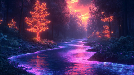 Fototapeta premium vibrant fantasy world where rivers flow with neon colors, surrounded by glowing trees and lush vegetation. enchanting scene evokes sense of wonder and tranquility
