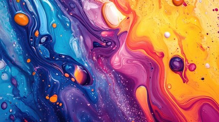 Vibrant fluid art pattern with splashes of paint and bold color transitions. Colorful acrylic background